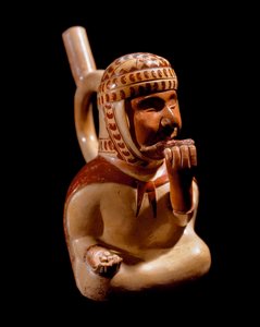 Kolomb öncesi sanat, Mochique uygarlığı (çirkin, Mochica): müzik aleti çalan kör bir dilenciyi temsil eden antropomorfik vazo (pan flüt?). 200 M.Ö.-700 AD. Lima, Ulusal Antropoloji ve Arkeoloji Müzesi, Peru - Kolomb öncesi sanat, Moche cultu