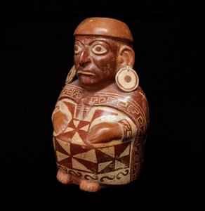 Kolomb öncesi sanat, mochic uygarlığı (çirkin): “Tekstil” i temsil eden vazo - MÖ 200-MS 700. Lima, Ulusal Antropoloji ve Arkeoloji Müzesi, Peru - Kolomb öncesi sanat, Moche uygarlığı (Mochica kültürü), Antropomorfik Şişe: temsil o