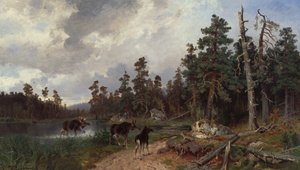 Çam ağacı ormanında geyik ve avcılar by Morten Muller