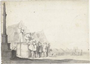 Bir varil üzerinde spiker ile pazar meydanı by Moses ter Borch (possibly)