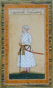 Küçük Clive Albümünden kılıç takan bir Prens (kağıt üzerinde opak sulu boya) by Mughal School