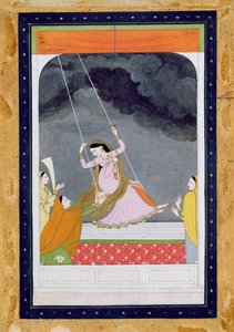 Salıncakta bir kadın, Kangra, Pencap tepeleri c.1790 (kağıt üzerinde opak wc) by Mughal School
