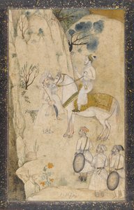 Bir şelale ile ilgili beş görevli ile at sırtında bir prens (kağıt üzerinde kalem ve mürekkep, grafit ve altın ile tuvalet) by Mughal School