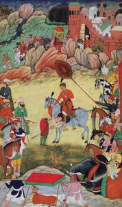 Adham Khan, 1560 veya 1561'de Orta Hindistan, Sarangpur'da Ekber'e saygılarını sunarken, Akbarnama'dan, 1590-98
