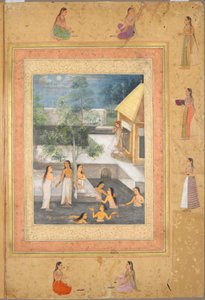 Harem Gece Banyosu Sahnesi (Recto): Çiçeklerden ve Kuşlardan Süslü Bir Bordür Çerçeveli Hat Sanatı (verso), c. 1650 (kağıt üzerinde mürekkep ve renkli) by Mughal School