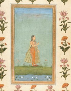 Küçük Clive Albümünden bir zambak göletinin yanında duran bir çiçek tutan kadın (kağıt üzerinde opak wc) by Mughal School