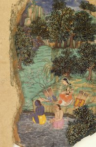 Rama ve Lakshmana, Mandakini Nehri Kıyısında Ölü Babalarına Su Sunarken, 1595 dolayları by Mughal School