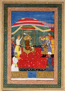 Babür İmparatoru Babür (1526-30), bir prens alarak bir tahtta oturuyor, Johnson Albüm I, no.3, 65 numara by Mughal School
