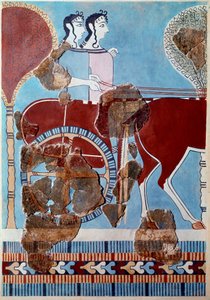 Miken sanatı: bir tank üzerinde çift. Tiryns sarayından fresk parçası ve yeniden yapılanma by Mycenaean