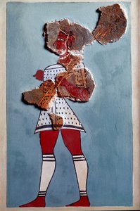 Miken sanatı: savaşçı. Tiryns sarayından fresk parçası ve yeniden yapılanma by Mycenaean