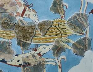Tirinto Sarayı'ndan (Yunanistan) fresk. Detay: bir yaban domuzuna saldıran köpek grubu. Miken Uygarlığı by Mycenean