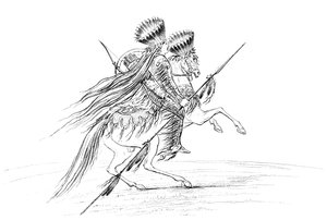 Silahlı ve başlıklı Kızılderili erkek, ata biniyor, 1841. by Myers and Co