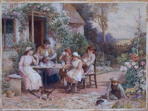 Çay saati (kart üzerinde beyaz ile yükseltilmiş kurşun kalem ve sulu boya) by Myles Birket Foster