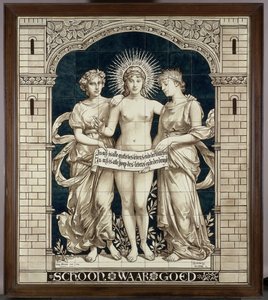 Güzelin, Doğrunun ve İyinin kişileştirilmesiyle çini panel by N.V. Haagsche Plateelfabriek Rozenburg