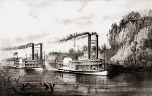 ABD, Mississippi nehri üzerinde yarışan vapurlar. by N. and Ives J.M. Currier