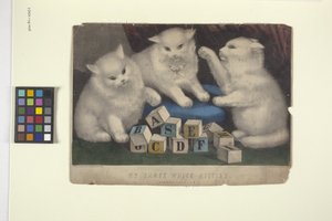 My Three White Kittens (elle boyanmış taşbaskı)