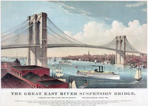 Büyük East River asma köprüsü, c.1883 (renkli litografi) by Currier and Ives