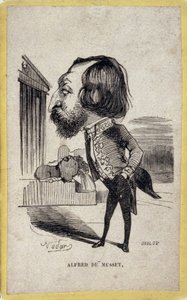 Alfred de Musset (1810-1857), Fransız şair ve oyun yazarı tarafından portre şarjı. Gaspard Felix Tournachon ve Felix Nadar (1820-1910) tarafından çizilen karikatür. by Nadar