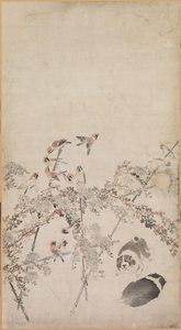 Köpek Yavruları, Serçeler ve Krizantemler by Nagasawa Rosetsu