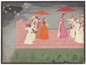 Yağmur mevsiminde Balwant Dev Singh için raga çalan müzisyenler, c.1745-50