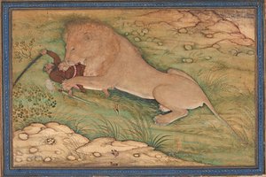 Avın Tehlikeleri, Bir Aslan Avcının üzerine atlar, c.1615 (ipek üzerinde opak wc) by Nanha