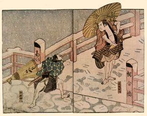 Karda güneş şemsiyeli yalınayak adamlar, 1811, 1924. by Naniwa Shunkosai