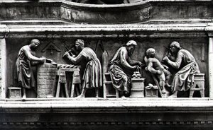Sanatçıları ve zanaatkarları iş başında betimleyen rölyef (mermer) (s/b fotoğraf) by Nanni di Banco