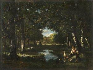 Orman Kayranında Dinlenen Adam ve Köpek (tuval üzerine yağlı boya) by Narcisse Virgile Diaz de la Peña