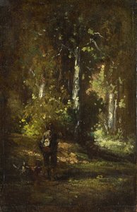 Bir avcı ile ormanın içinin görünümü by Narcisse Virgilio Diaz de la Peña, Alexandre Gabriel Decamps