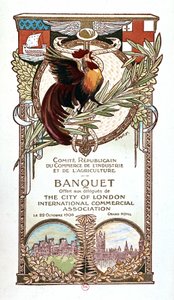 Horoz ve Anıtlar, Cumhuriyet Ticaret, Sanayi ve Tarım Komitesi'nin 22.11.1906 tarihinde Londra Şehri uluslararası ticaret derneği delegelerine sunduğu ziyafet menüsü by Nathan Weill