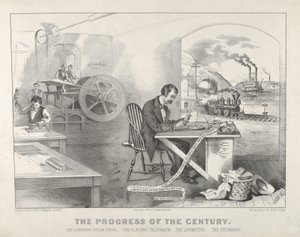 Yüzyılın İlerlemesi - Yıldırım Buhar Basın. Elektrikli Telgraf. The Locom..., 1876. Yaratıcılar: Nathaniel Currier, James Merritt Ives, Currier ve Ives.