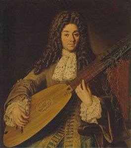 Bir müzisyenin portresi, muhtemelen Petruccio, yarım uzunlukta, bir theorbo çalıyor by Neapolitan School