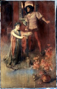 "Bir kadın kristal kürenin önünde diz çökmüş, arkasında korku ve merak karışımı bir duyguyla bekleyen bir adam. Nelly Erichsen (1882-1893 civarı aktif) tarafından yapılmış resim Özel koleksiyon