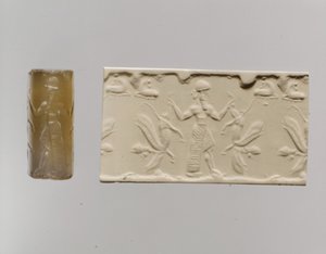 Silindir mühür ve modern izlenim: insan başlı kanatlı aslanlara hakim erkek figürü, c. MÖ 8.-7. yy (kalsedon)