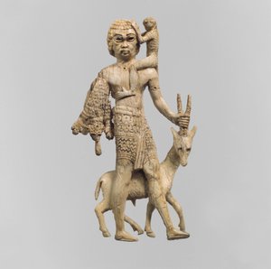Oriksli, maymunlu ve leopar derili bir adam heykelciği, MÖ 8. yy.