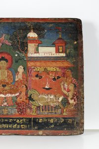 Bir Budist el yazması kapağından detay (ahşap üzerine opak klozet)