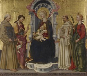 Bakire ve Çocuk Enthroned with Four Saints, c.1450 (panelde tempera ve altın rengi) by Neri di Bicci