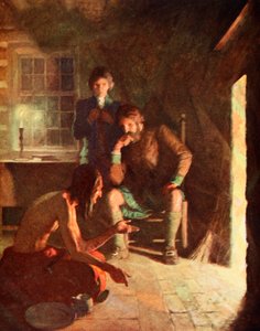 Erken bir yerleşimci evinde Hint Uzun Düşünce toplantısı (renkli taş) by Newell Convers (after) Wyeth