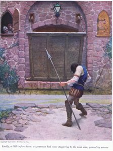 Son olarak, şafaktan biraz önce, oklarla delinmiş bir mızrakçı sendeleyerek hendek tarafına geldi, 1916 by Newell Convers Wyeth