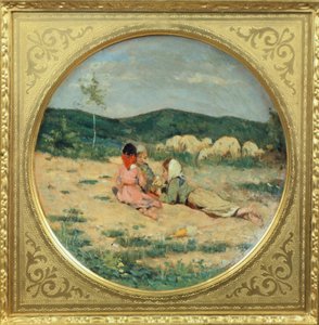 Niccolo Cannicci tarafından çoban figürleriyle boyanmış tabak, 1880 dolaylarında, pişmiş toprak tabak üzerine yağlı boya