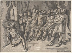 Ajax sol altta bir kalkan tutuyor, sağda Agamemnon duruyor..., 1540-50.