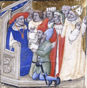 İki meslekten olmayan kişi tarafından suçlanan bir Piskopos hakkında hüküm veren bir Kardinal, c.1380 (parşömen üzerine boya ve altın varak) by Niccolo di Giacomo