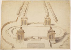 Bowling Green için tasarım, Hampton Court, c.1689-91 (kağıt üzerinde kalem ve kahverengi mürekkep, yıkama ve grafit) by Nicholas Hawksmoor