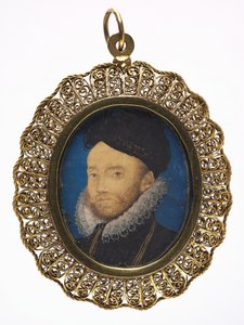 Bir Adamın Portresi, c.1590 (sonraki bir yaldızlı metal çerçeve içinde parşömen üzerine w/c) by Nicholas Hilliard