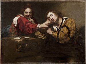 Falcılık Sahnesi (Uyuyan Genç Bir Kadın Tarafından Uyandırılır), Renieri, Niccolo (Nicolas Regnier) (c. 1590-1667). tuval üzerine yağlıboya by Nicholas Renieri