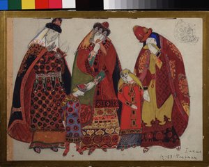 Kadınlar ve çocuklar. Alexandre Borodin (Borodin) (1833-1887) tarafından Prens Igor operası için kostüm projeleri. Nicholas Roerich (1874-1947), kağıt üzerine kurşun kalem, guaj ve mürekkep çalışması by Nicholas Roerich