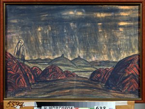 Polovtsien kampı (veya Couman, Kouman). Alexandre Borodin (Borodin) (1833-1887) tarafından Prens Igor operası için hazırlık dekoru. Nicholas Roerich