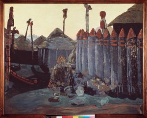 Bir pagan höyüğü. (Orta Çağ, Ukrayna). Nicolas (Nicholas) Roerich (1874-1947), karton üzerine tempera çalışması by Nicholas Roerich