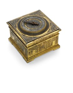 Elizabeth I kazınmış çarpıcı yatay masa saati, c.1590-1600 by Nicholas Vallin