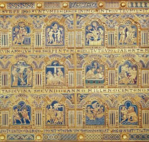 Verdun Sunağı, İncil sahnelerini betimleyen dekoratif panellerin detayı, 1181 şampanya emaye işi